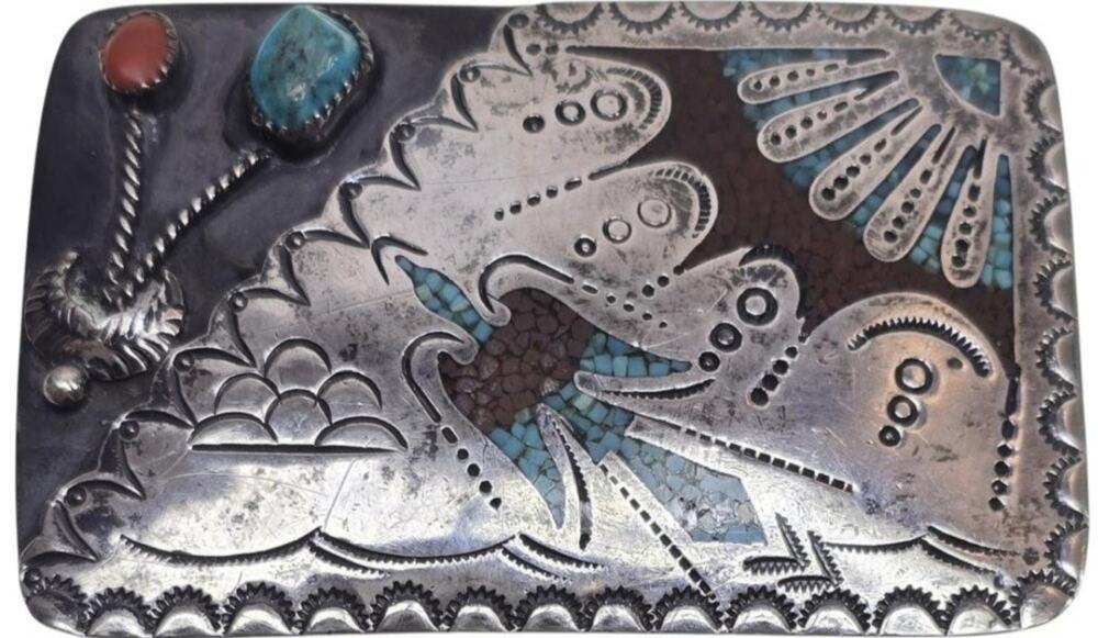 VINTAGE Navajo Sterling Silver Peyote Bird Belt Buckle TA Signed Turquoise Coral - Picture 2 of 6